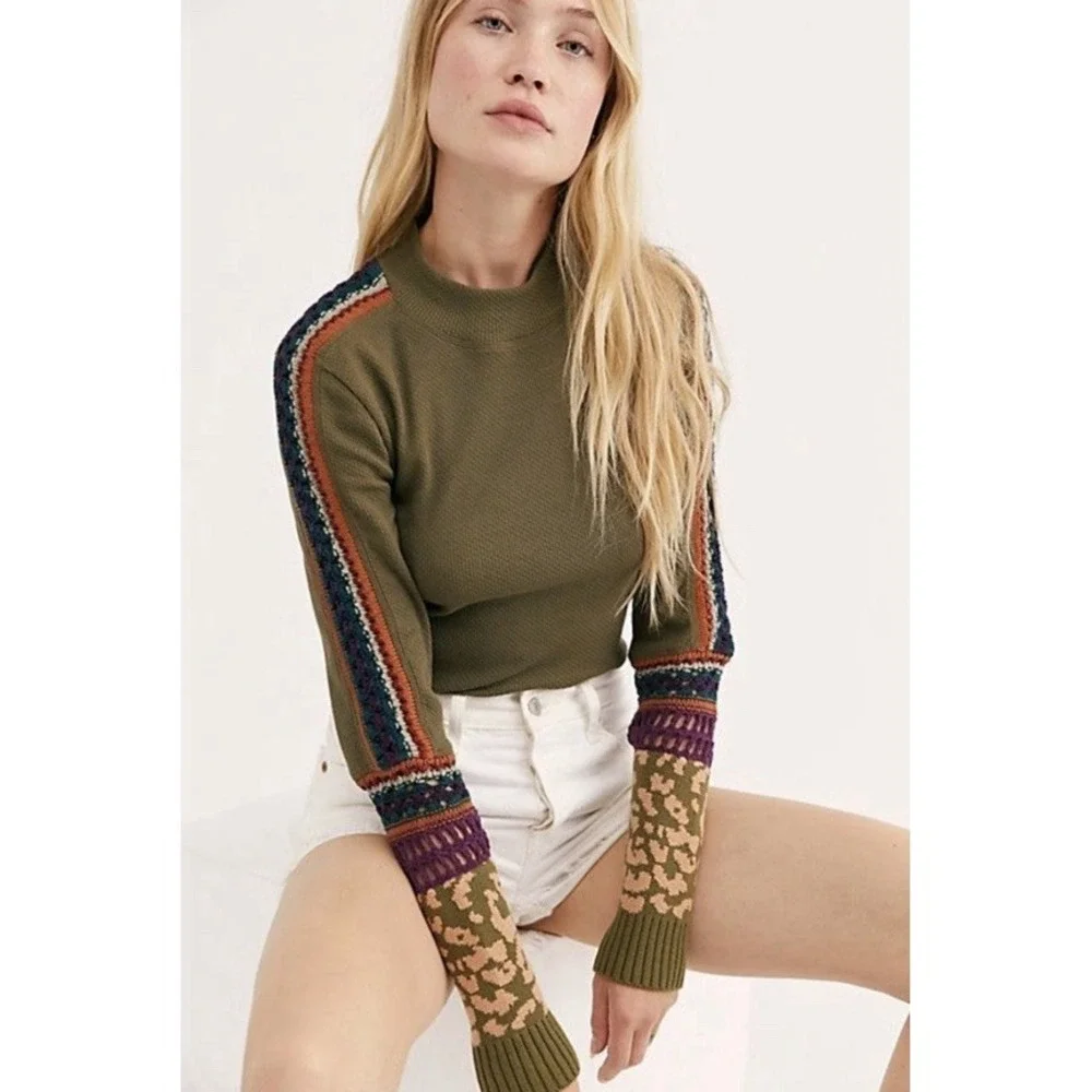 Free People Switch It Up Boho Thermal Knit Decorative Fun Cuff Top XS